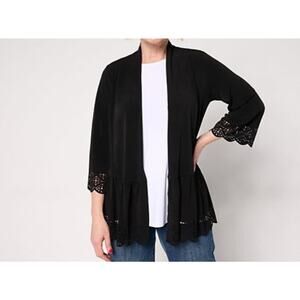 Susan Graver Size L Black Liquid Knit Tiered Laser Cut Cardigan A684086 NWOT